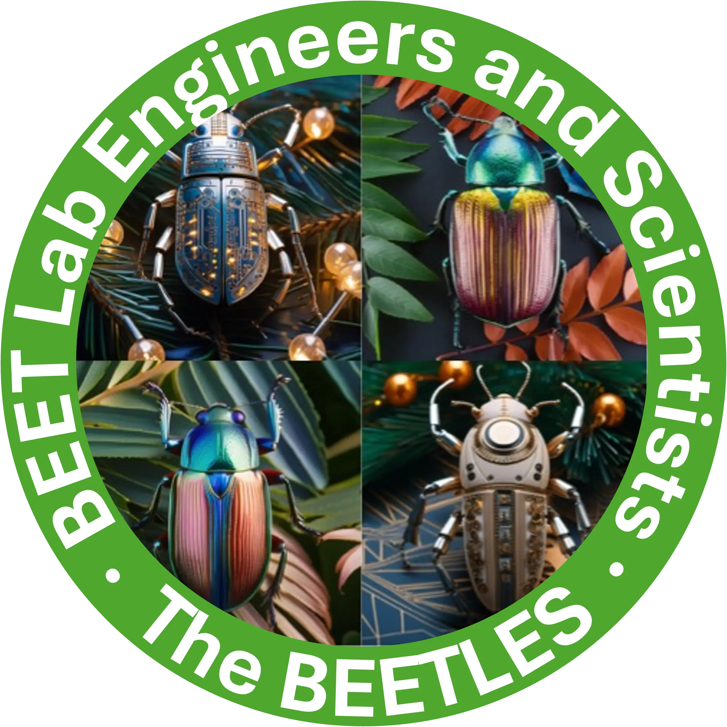 Circular logo around a grid of four top-down views of beetles where two are robotic beetles and two are realistic beetles. Around the grid is a light-green banner around the outside that reads "BEET Lab Engineers and Scientists" and "The BEETLES". Each of the four images were AI generated via Adobe Firefly.
