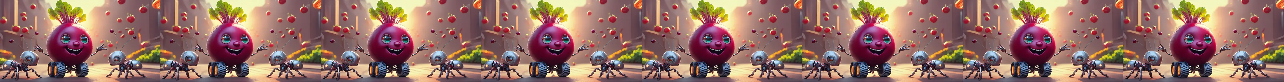 Banner showing robot ants interacting with a beetroot that itself has robotic wheels and robotic arms. The image is repeated several times. Artistic image was AI generated via Adobe Firefly.
