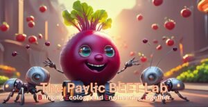Beet with robotic wheels and two robotic arms is smiling and in between two silver, 4-legged robotic ants. Overlayed on top of banner is the text "The Pavlic BEET Lab" and "Bringing Ecology and Engineering Together". Artistic image was AI generated via Adobe Firefly.