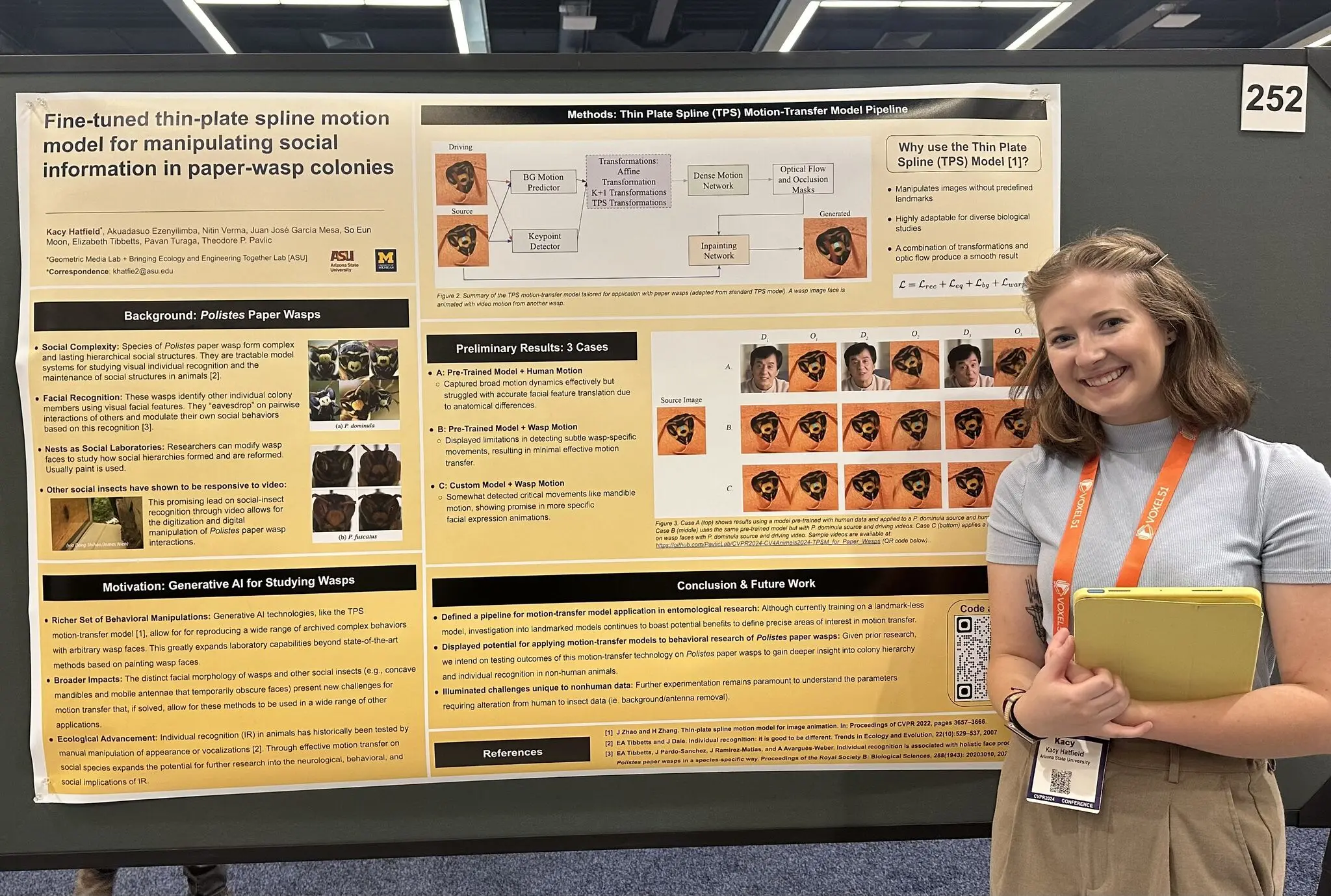 Photo of Kacy Hatfield in front of her CV4Animals poster at CVPR2024. The yellow-backed poster has the title "Fine-tuned thin-plate spline motion model for manipulating social information in paper-wasp colonies" shown with logos for both Arizona State University and the University of Michigan. It also includes several images from the paper she presented.