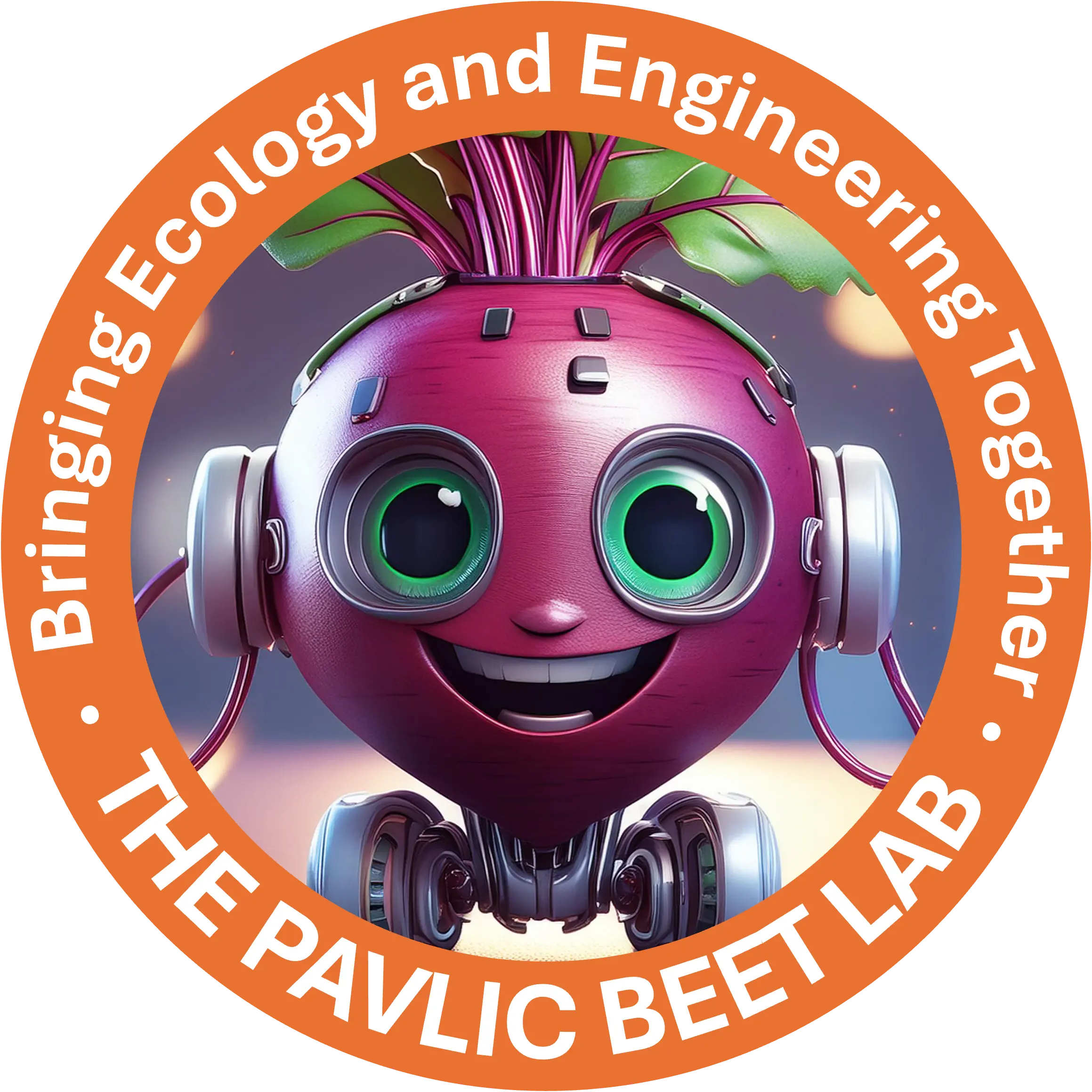 Circular logo with a beet wearing headphones and robotic wheels with an orange banner around the outside that reads "Bringing Ecology and Engineering Together" and "THE PAVLIC BEET LAB". Artistic image was AI generated via Adobe Firefly.