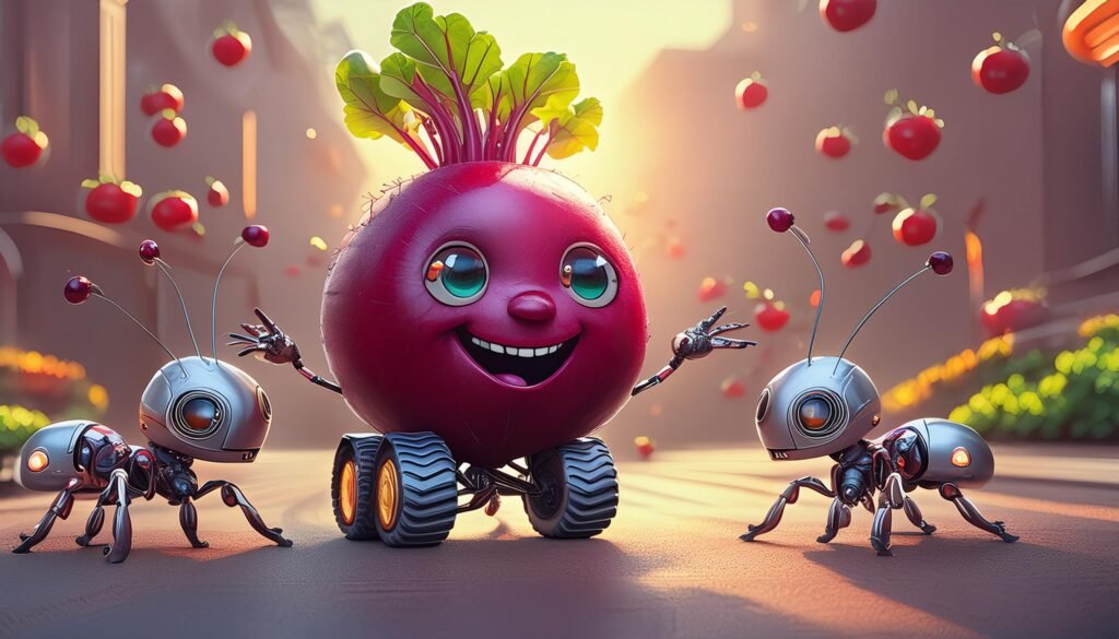 Beet with robotic wheels and two robotic arms is smiling and in between two silver, 4-legged robotic ants. Artistic image was AI generated via Adobe Firefly.