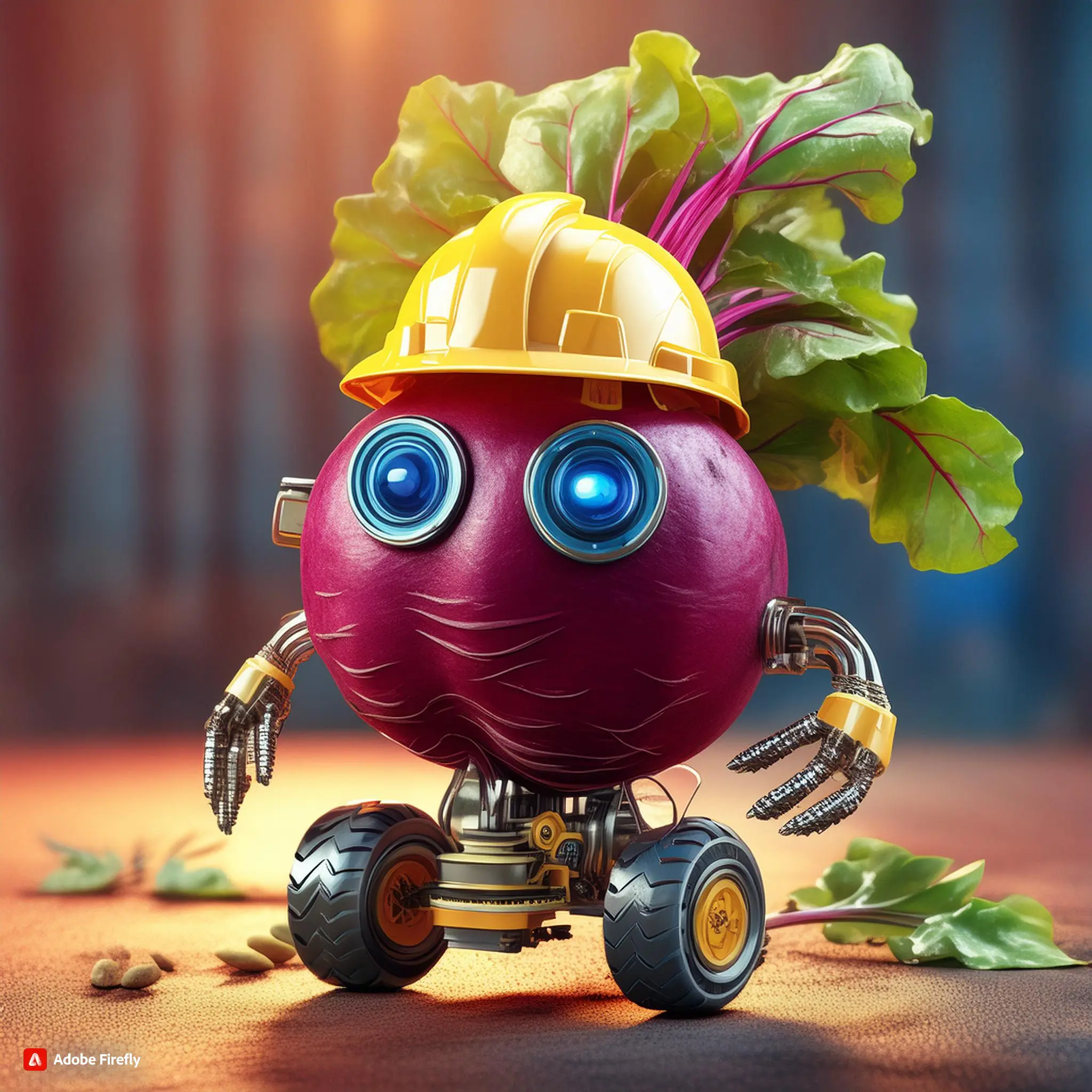 A beet with robotic arms, robotic eyes, robotic wheels, and a construction hat on. There are pieces of leaves on the ground. Image created with AI via Adobe Firefly.