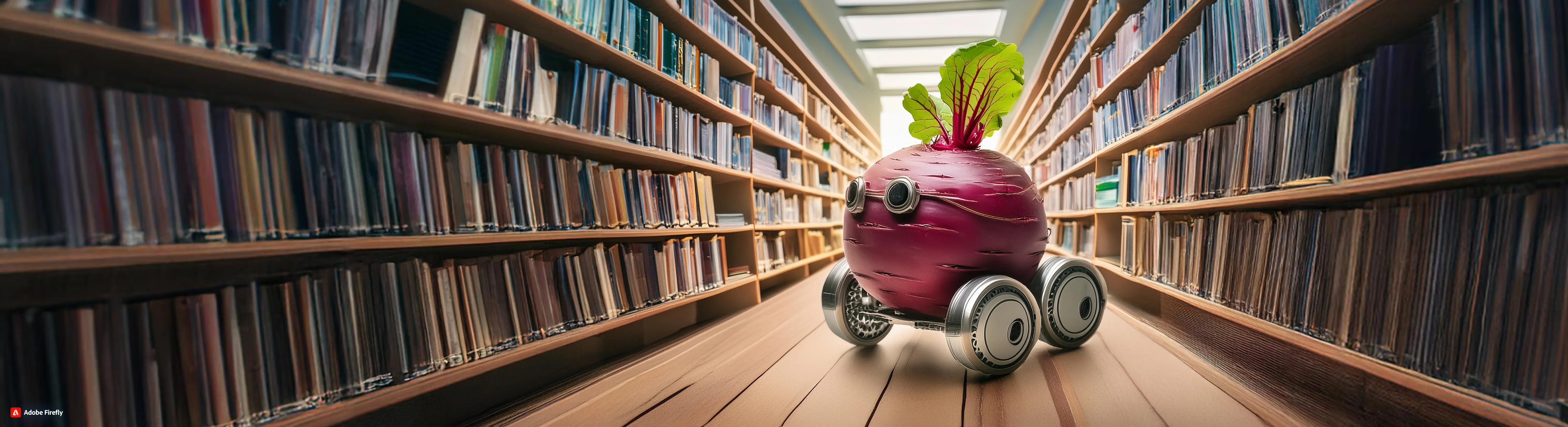 Beet with green leaves and robotic wheels in the middle of a library with shelves in front and behind it that are filled with periodicals. The robotic beet is looking toward the shelf on the left. Generated with AI via Adobe Firefly.