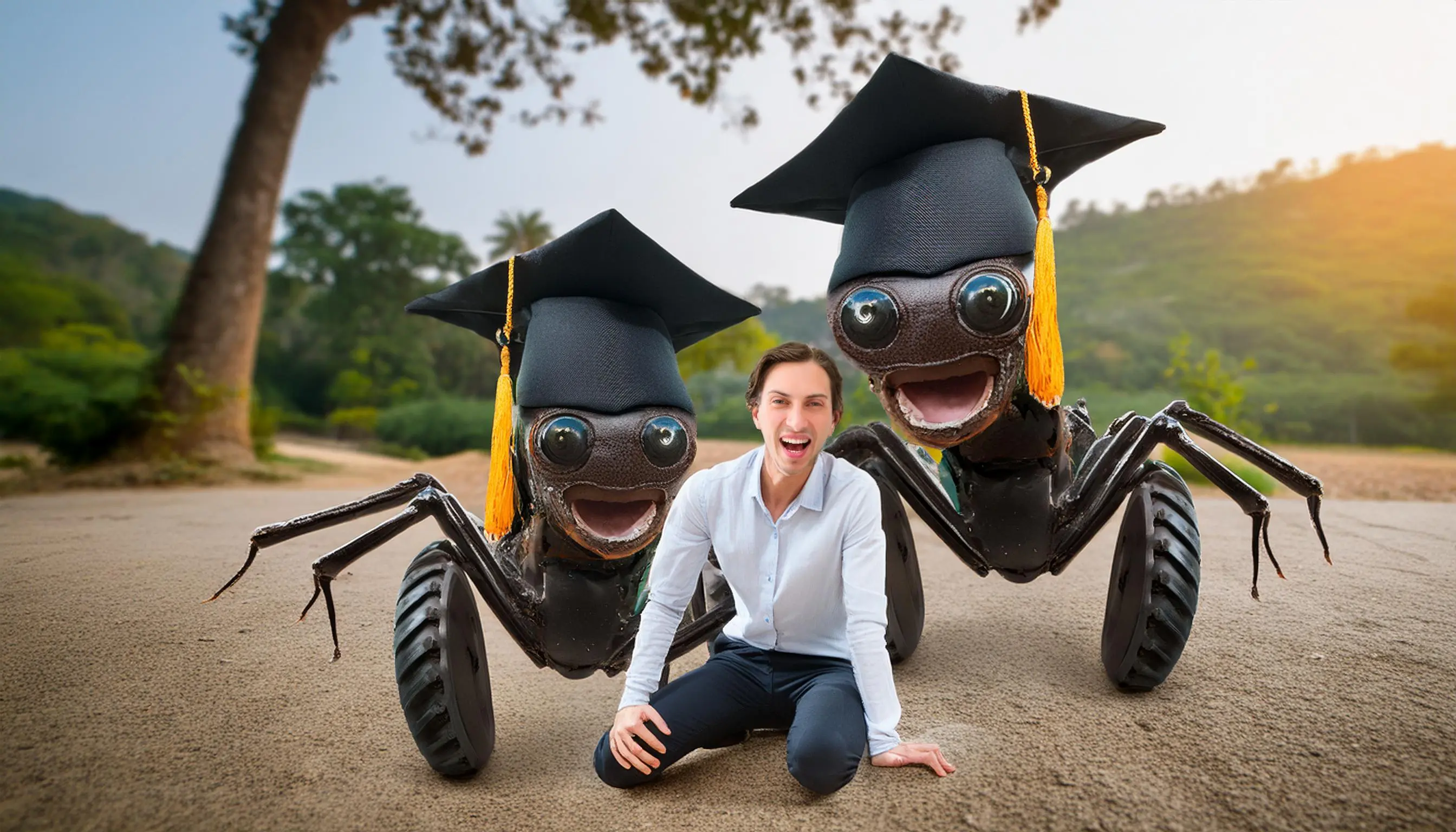 AI-generated realistic mimic of a photo of a human kneeling in between two very large ant-like wheeled robots that each are wearing mortar boards. Image was AI generated via Adobe Firefly.